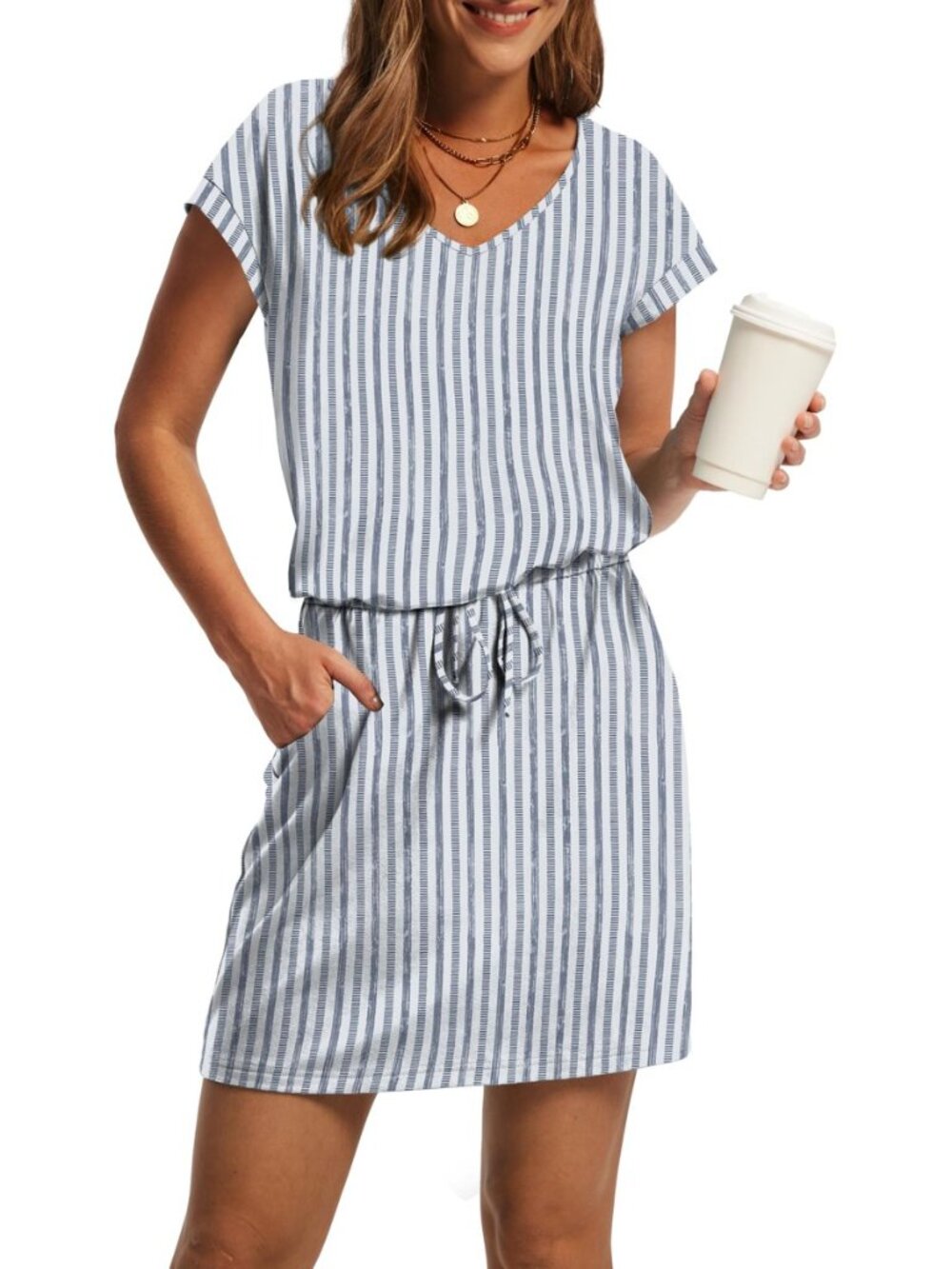 Summer Dresses for Women 2026 V Neck T Shirt Casual Mini Dresses Tie Waist
